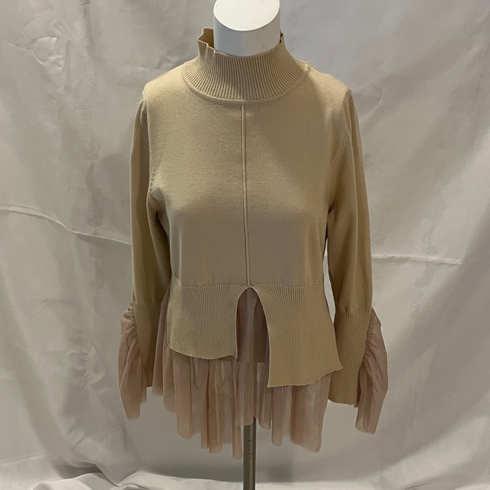 Beige Knit Sweater with Sheer Hem